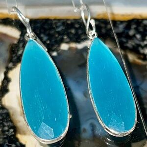 Blue Quartz Cat’s Eye Earrings 2”
